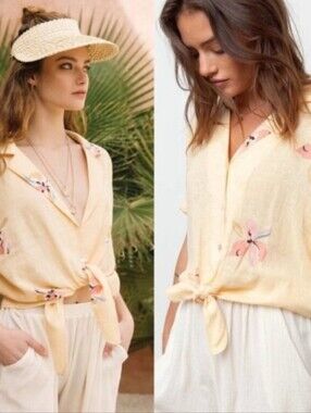 Rails Marley Eden Pale Yellow Linen Tie-Front Button-Down Floral Crop Blouse XS